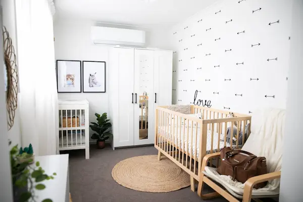 minimalist nursery decor with non-toxic furniture and flooring
