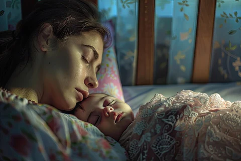 A calm mother resting in bed with her newborn beside her, natural lighting, emphasizing rest and healing