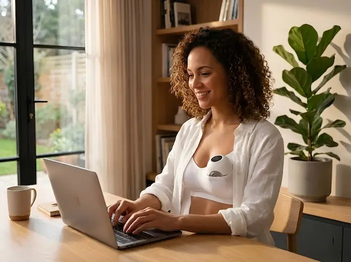A mother at her workplace desk, pumping discreetly with a hands-free pumping bra while working on her laptop