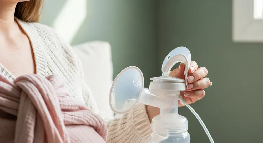 A mother in a professional setting, looking relaxed and confident while using a quiet, modern breast pump