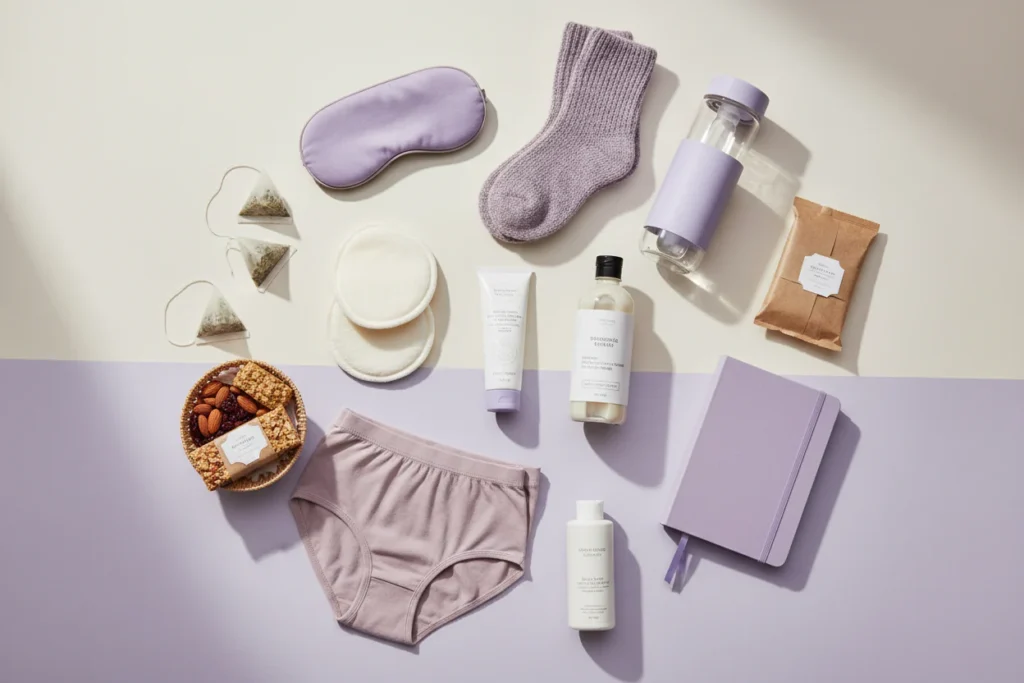 A neatly arranged selection of postpartum recovery items