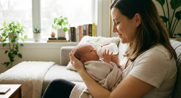 A parent in a cozy chair, peacefully bottle-feeding a newborn in soft, dim lighting, depicting a calm night feed.