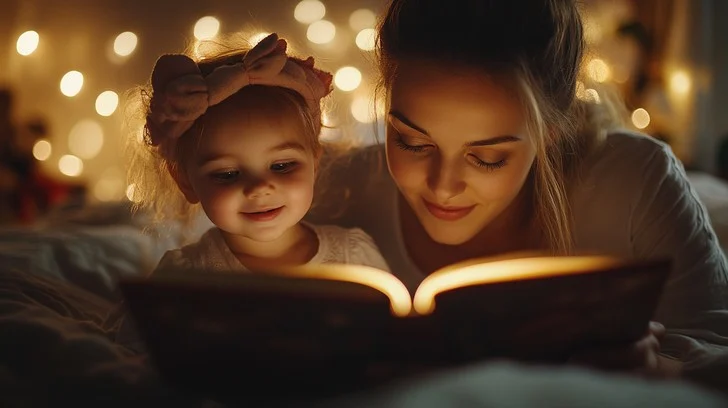 A single mother reading beside her sleeping child
