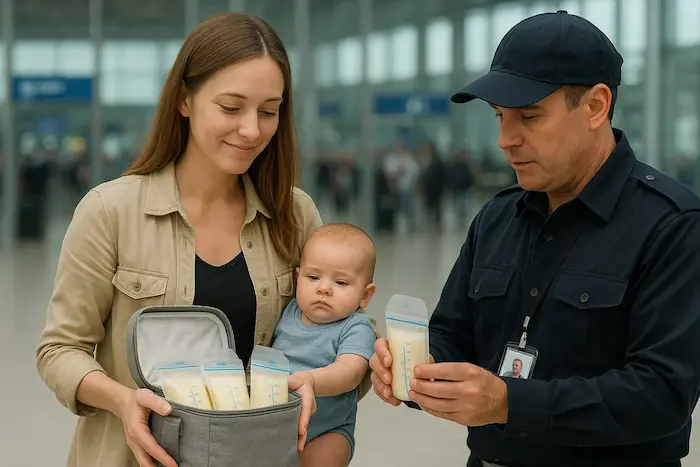 A woman at an airport security checkpoint holding clear bags of breast milk for inspection