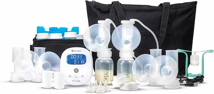 Ameda Mya Joy compact portable breast pump with tubing and bottles