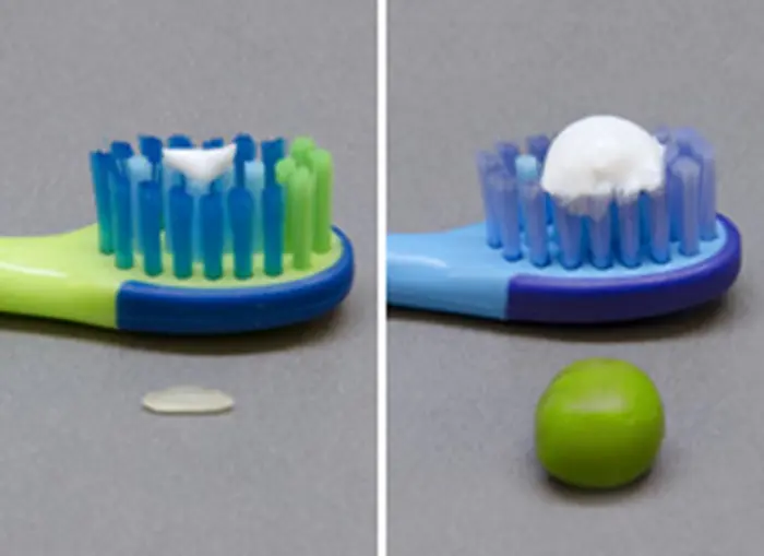Dental care starts with the very first tooth. Use a grain-of-rice-sized smear of fluoride toothpaste