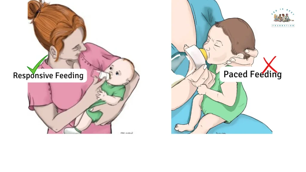 Illustration demonstrating paced bottle feeding technique with proper positioning