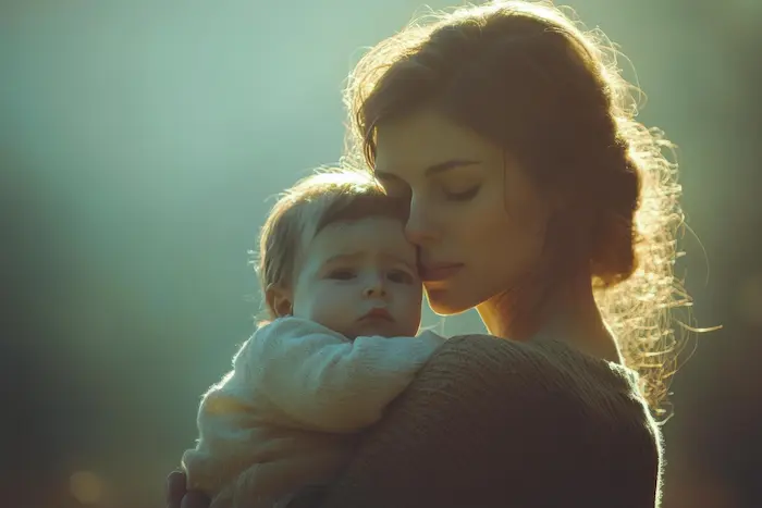 Image of mother holding newborn with soft lighting, symbolizing the postpartum transition