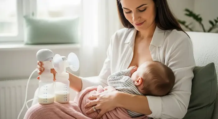 Mother power pumping with double electric pump while baby rests nearby