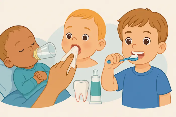 Oral hygiene begins with the first tooth. Use a grain-of-rice-sized smear of fluoride toothpaste