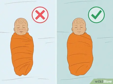 Side-by-side visual of correct (loose at hips) vs. incorrect (legs straight) swaddling.