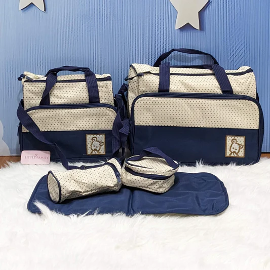 Three diaper bags of different sizes with labels: “Quick Errand (1-2 hrs),” “Half-Day Outing (3-5 hrs),” and “Full Day Trip (6+ hrs)