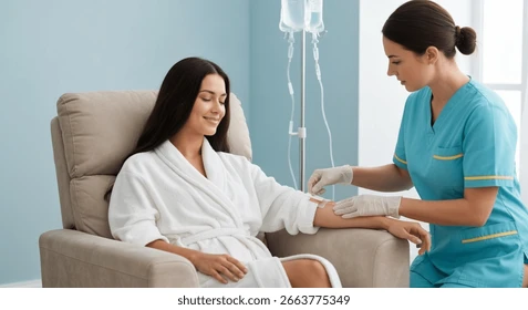 focused image of a nurse's hands setting up an IV line