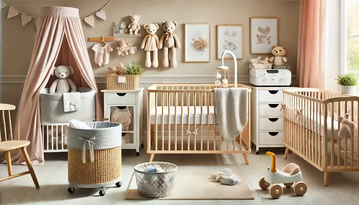 organized nursery corner with a stocked diaper caddy, a stack of washed onesies